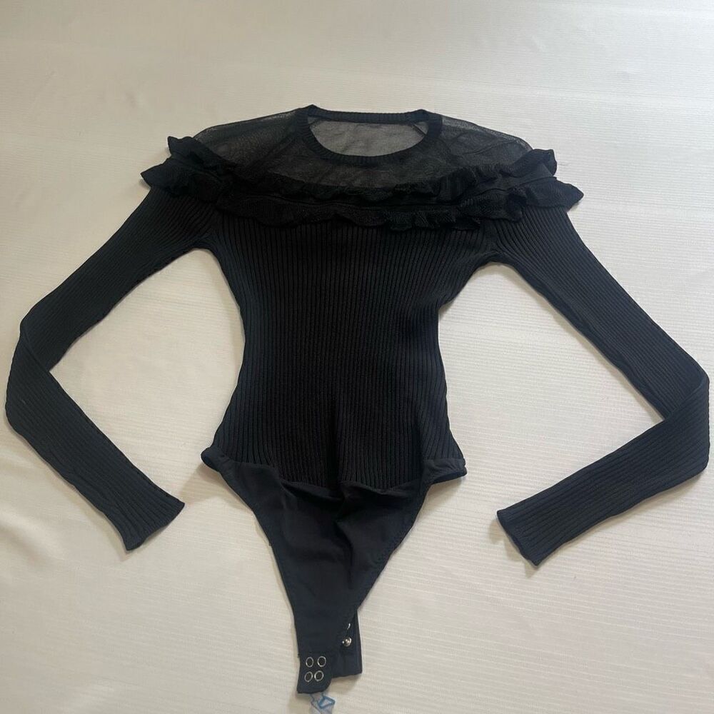 NWT Intermix Exclusive Black Mary Ruffle Knit Bodysuit Size Petite New